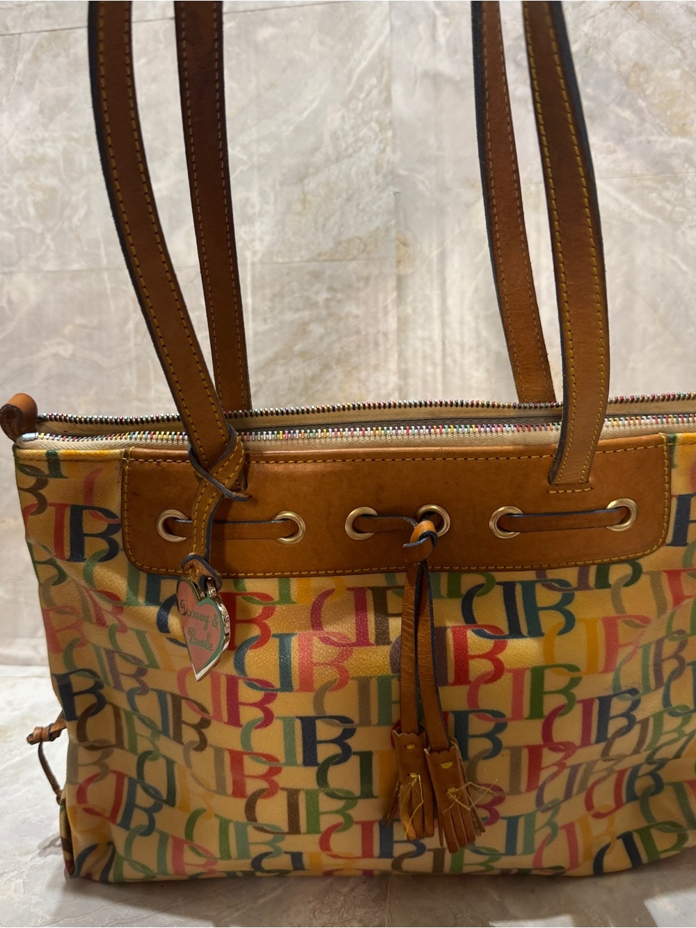 Dooney & Bourke Multicolor Signature Logo Tote with Tan Trim